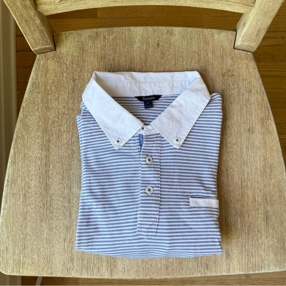 Faconnable Men’s Polo Shirt Blue White Stripe Size L 100% Cotton